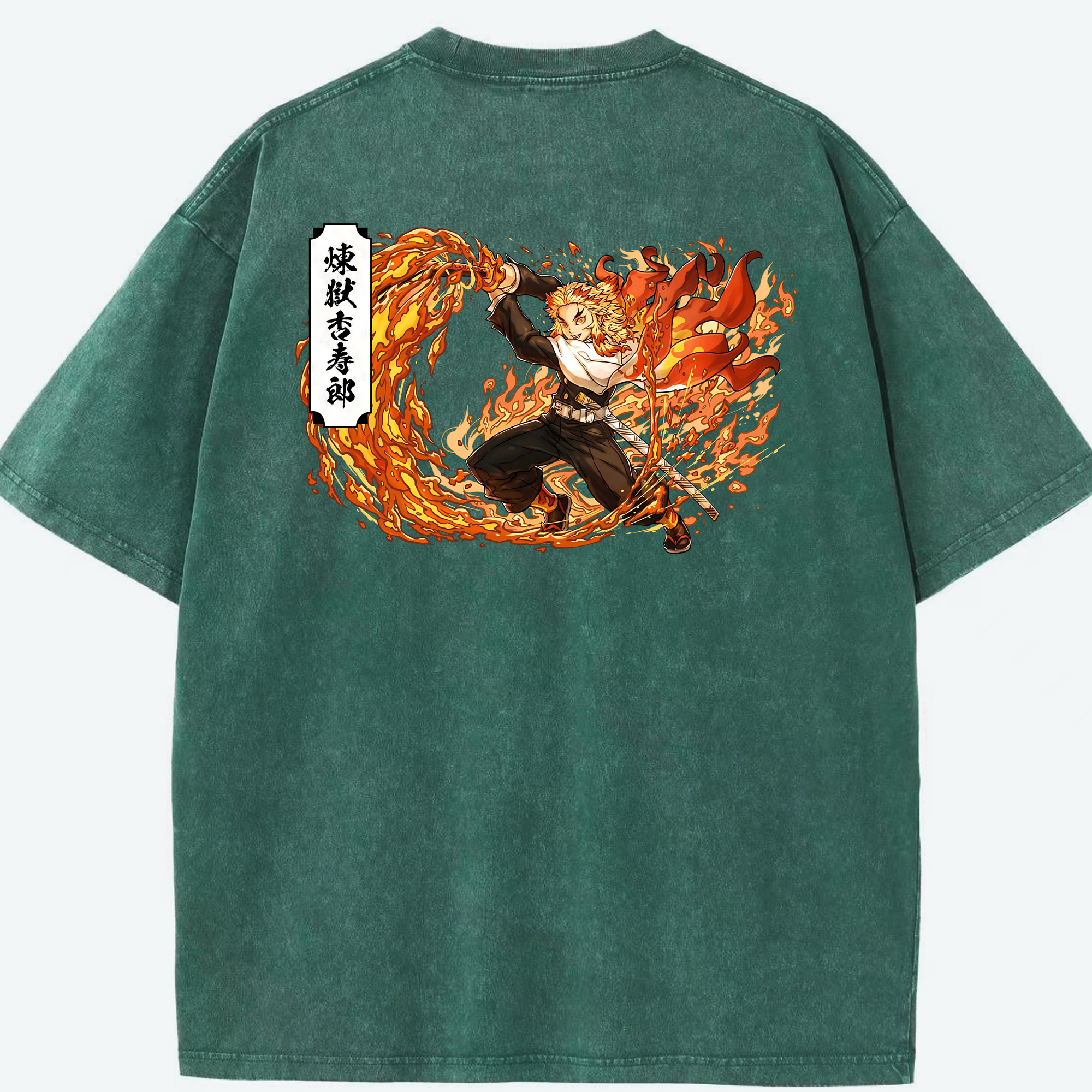 （画像用） 鬼滅の刃（きめつのやいば）炎柱-煉󠄁獄 杏寿郎／れんごく きょうじゅろう Rengoku Kyoujurou 綿100% ヴィンテージ風 半袖Tシャツ（背面プリント）